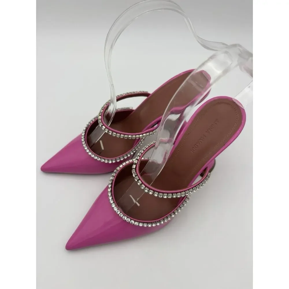 Amina Muaddi Gilda Mules Crystal Pink Patent Leather Size 36.5 / 6.5